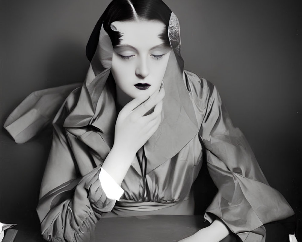 Monochrome photo of pensive woman in vintage headscarf and coat