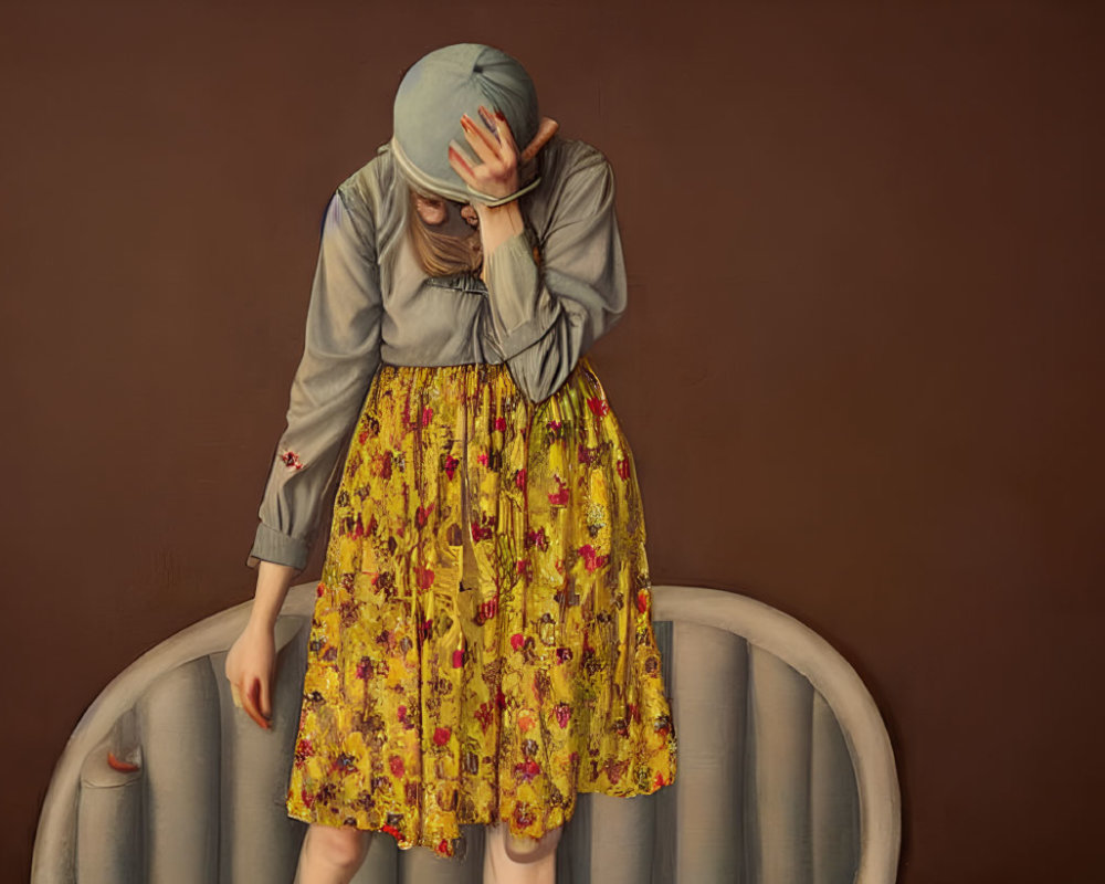 Distressed person in grey hat and floral skirt against brown background