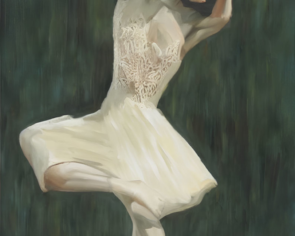 Impressionistic painting of ballerina in white against green backdrop