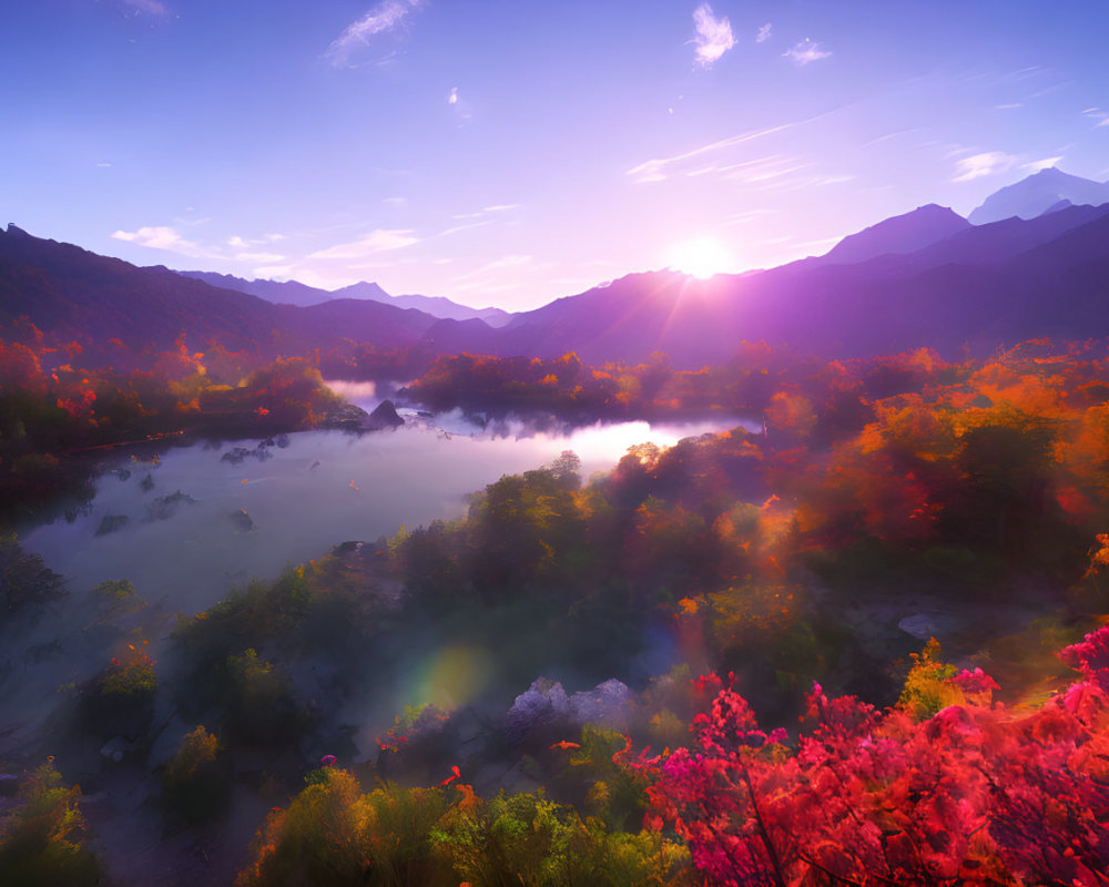 Tranquil Sunrise Landscape with Misty River and Autumn Foliage