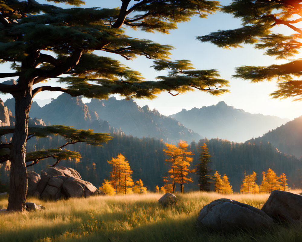 Serene forest scene with autumn trees and mountain backdrop