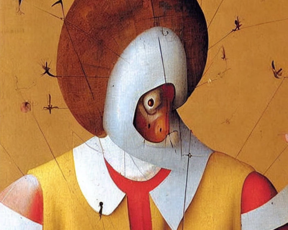 Surreal artwork featuring person with inverted cone face, arrow-like features, vibrant red and yellow clothing