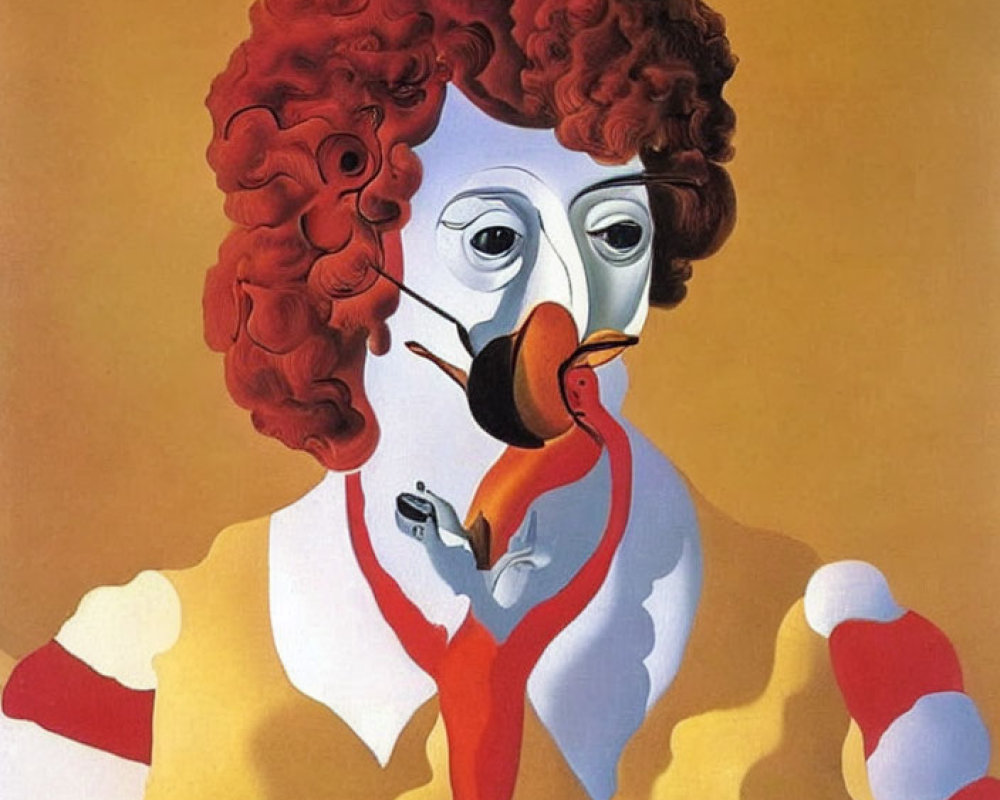 Surreal portrait of figure with red curly hair and pipe on yellow background