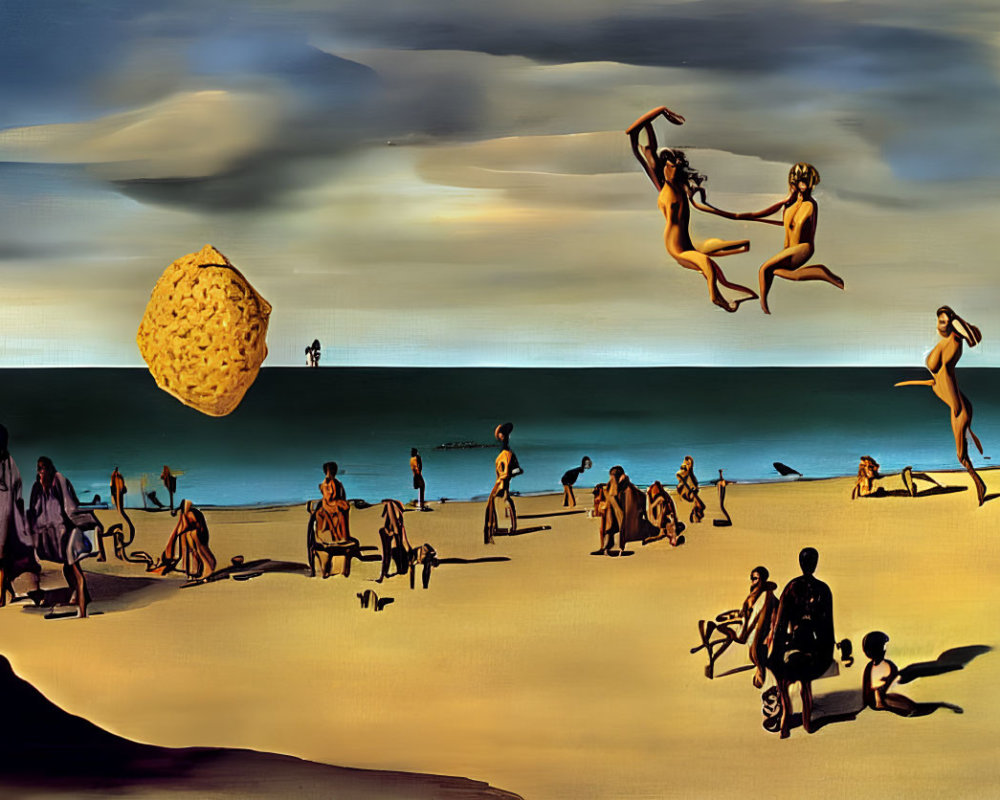 Surreal beach scene with oversized object and distorted scale