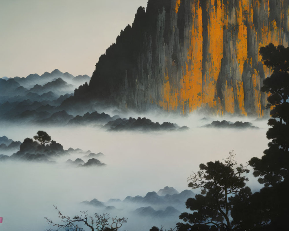 Misty Landscape with Ochre Cliffs and Solitary Tree