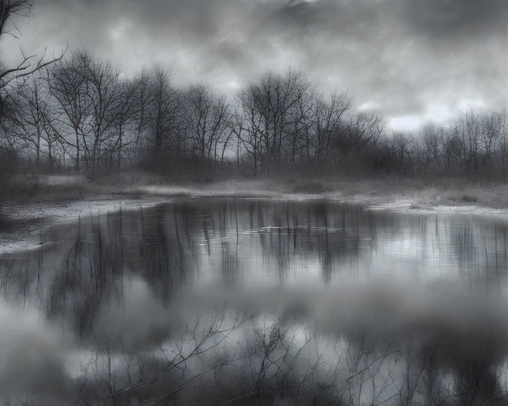 Monochrome landscape with reflective pond and bare trees under ominous clouds