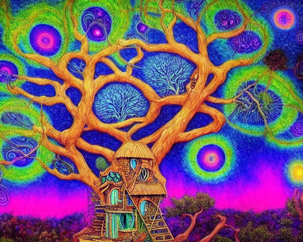 Colorful psychedelic tree illustration with whimsical treehouse and swirling patterns.