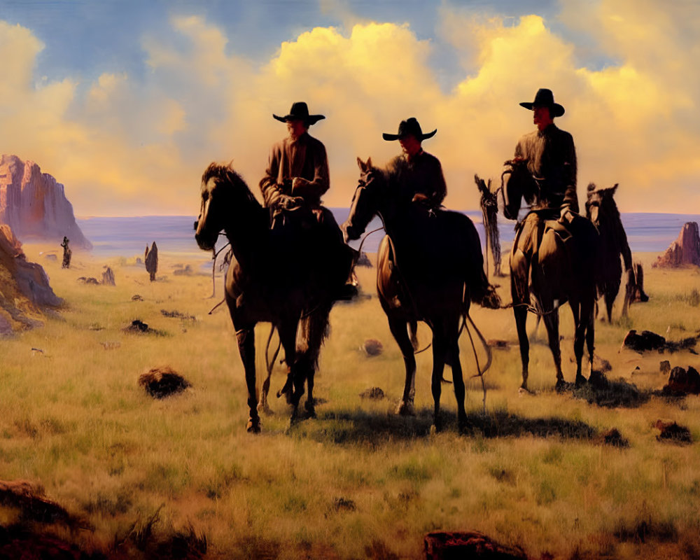 Cowboys on horseback in desert with rock formations under vast sky