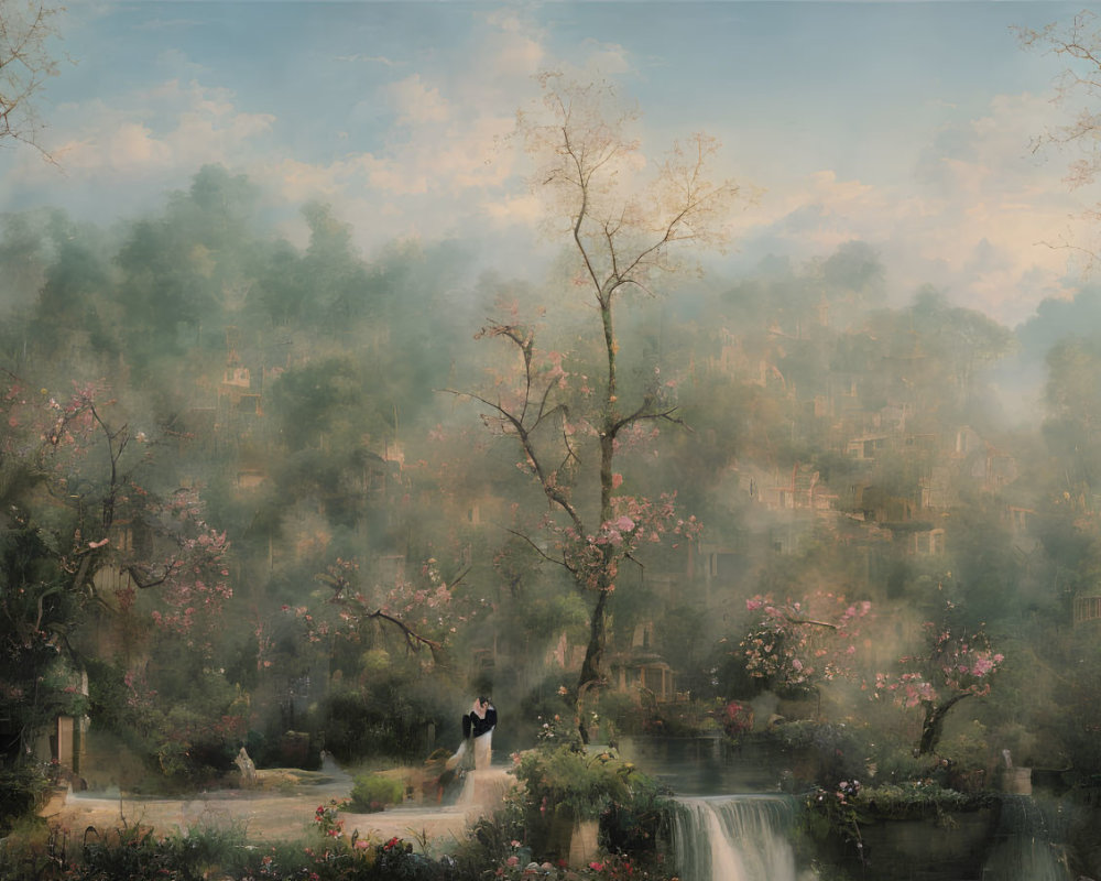 Misty landscape painting with waterfall, trees, and ethereal houses