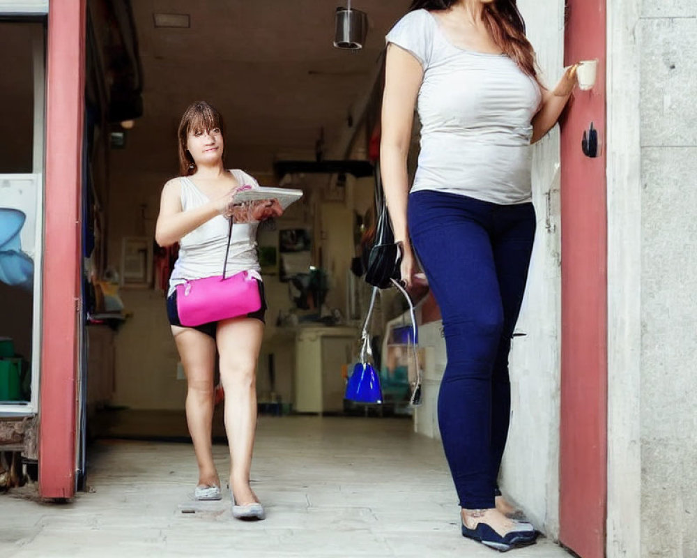 Two women in doorway, one with papers, the other with handbag, having casual conversation