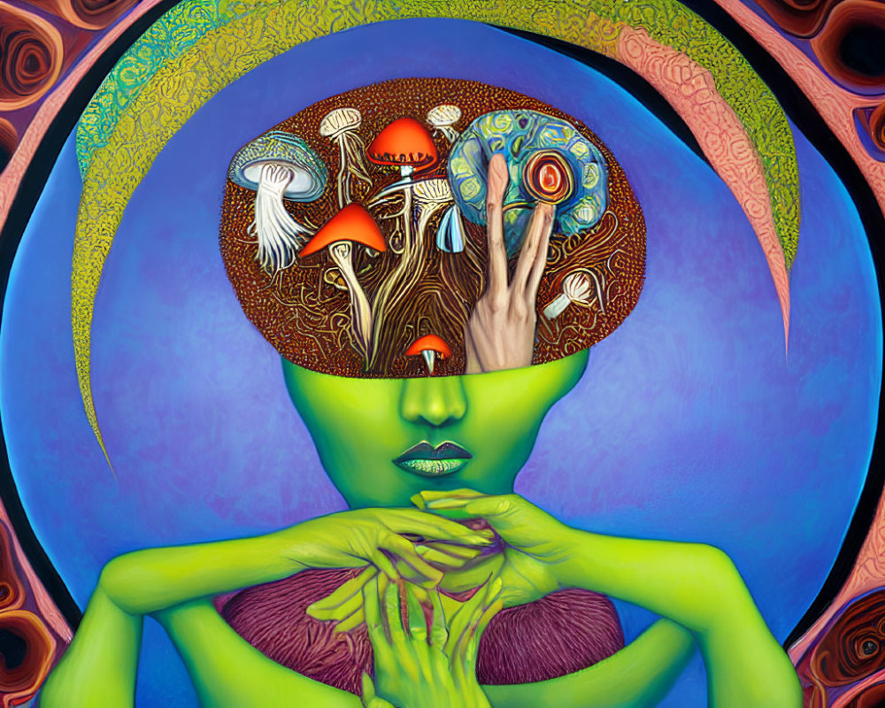 Vibrant surreal painting of green figure with mushroom patterns