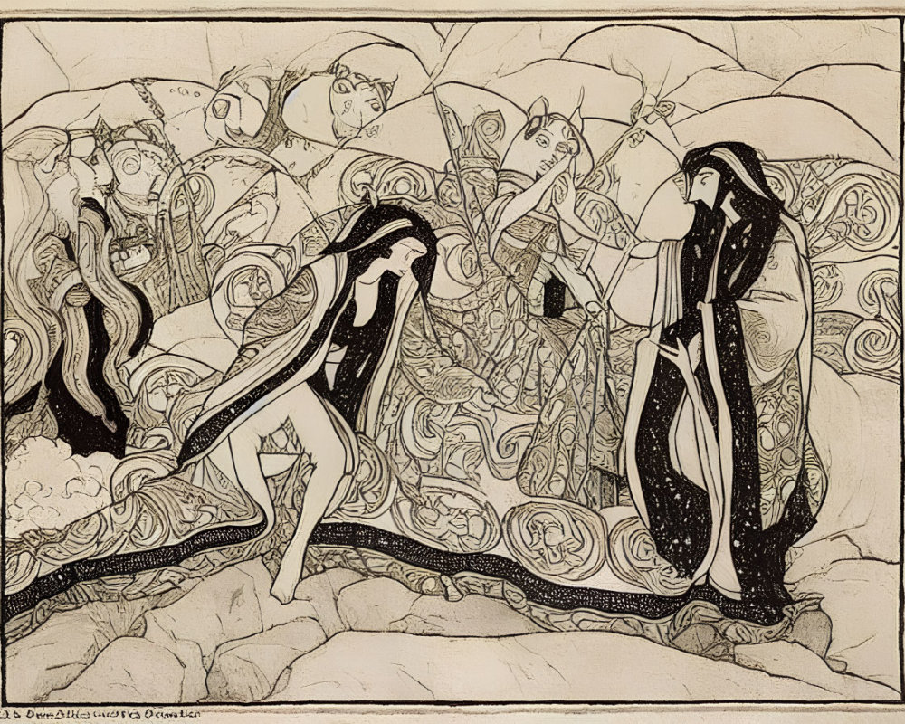 Detailed Black and White Illustration of Stylized Figures