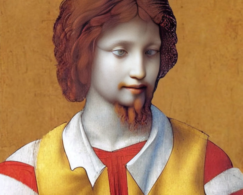 Digitally Altered Portrait: Red-Haired Female Face with Goatee in Renaissance Attire