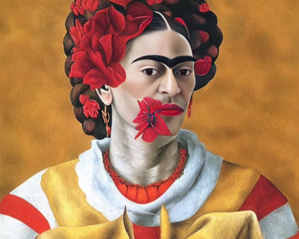 Stylized portrait of Frida Kahlo fusion with red flower in mouth and Renaissance outfit on gold