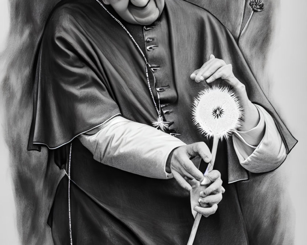 Monochromatic smiling person in papal attire with dandelion clock on textured background