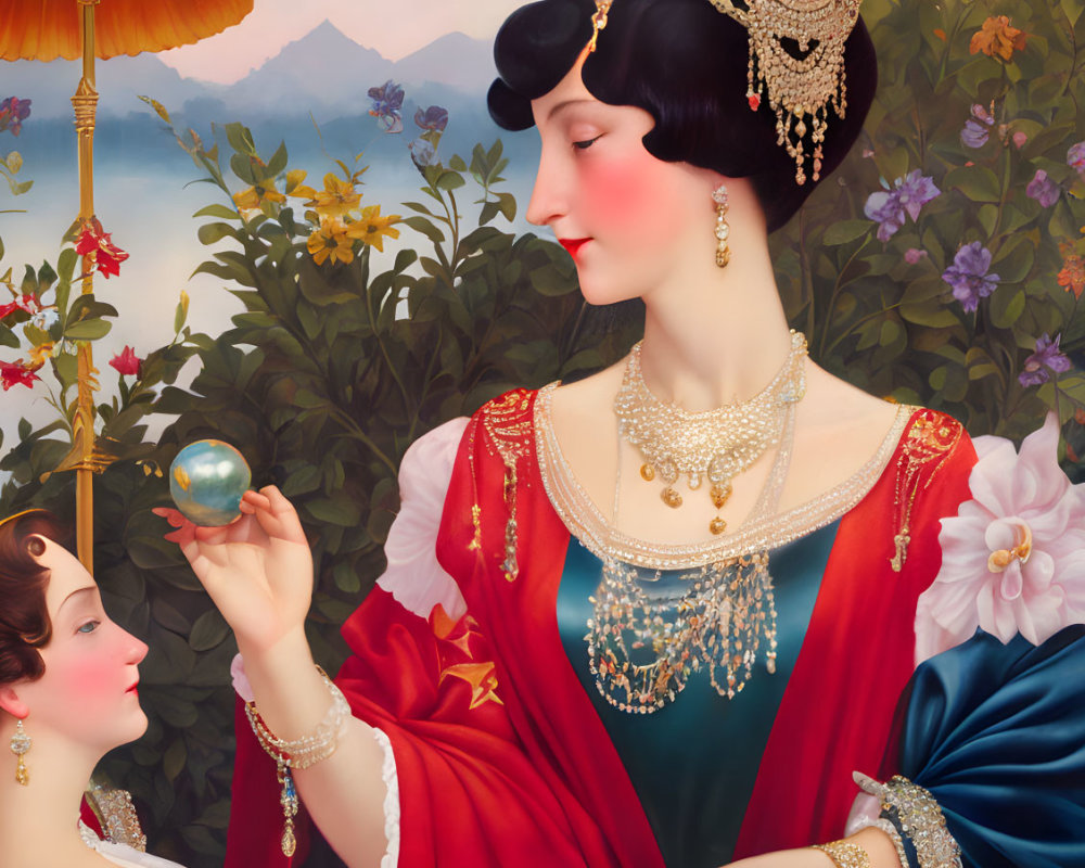 Vintage attired women with intricate jewelry examining a blue orb in lush flora.