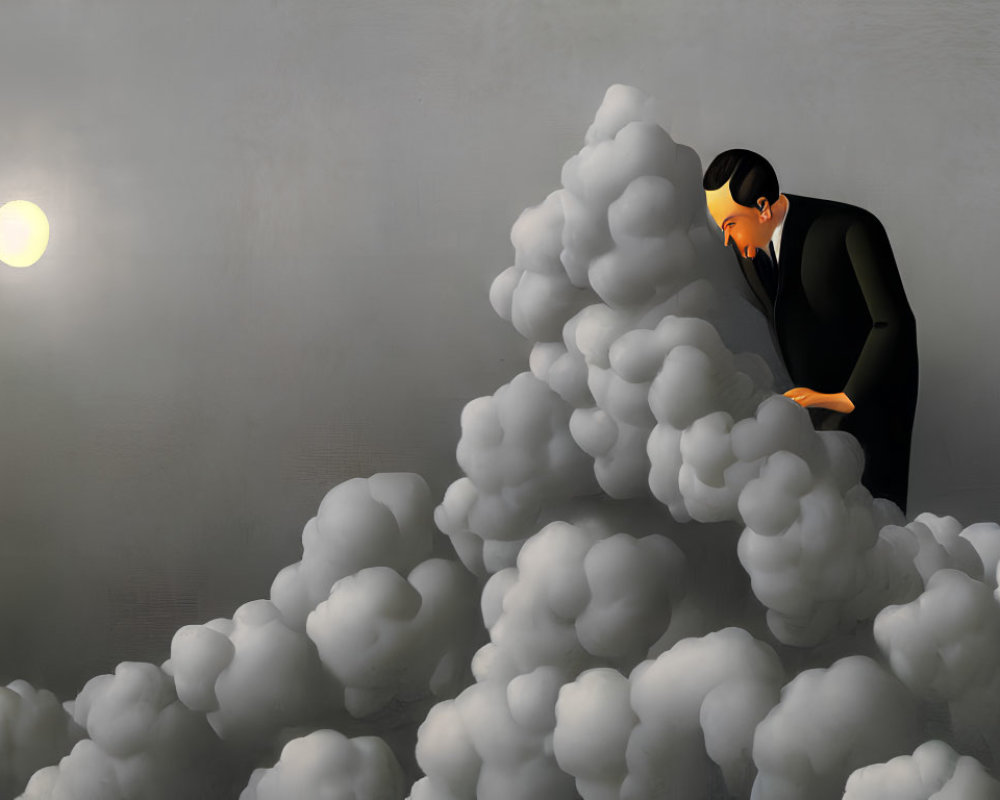 Man in suit observing fluffy cloud formations in dim light under gray sky