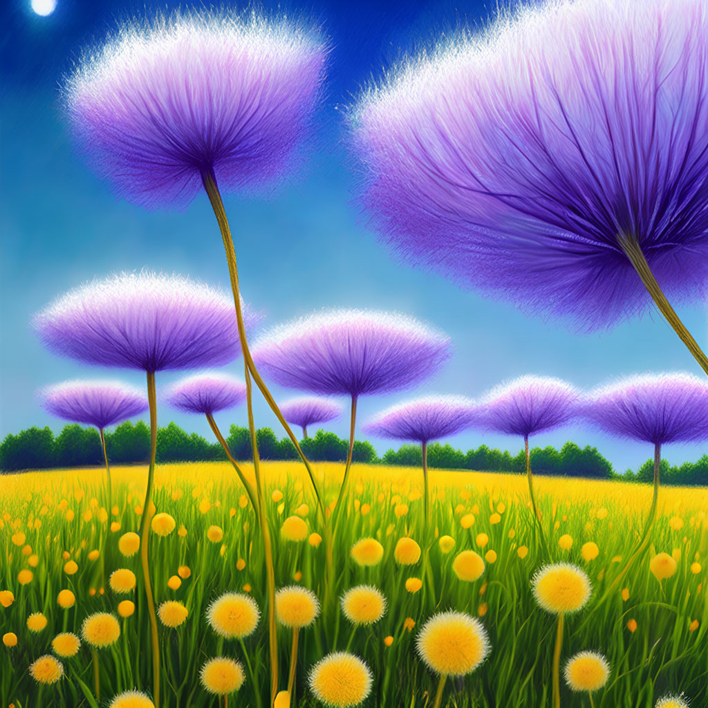 Colorful illustration: Oversized purple dandelion-like flowers under sunny sky