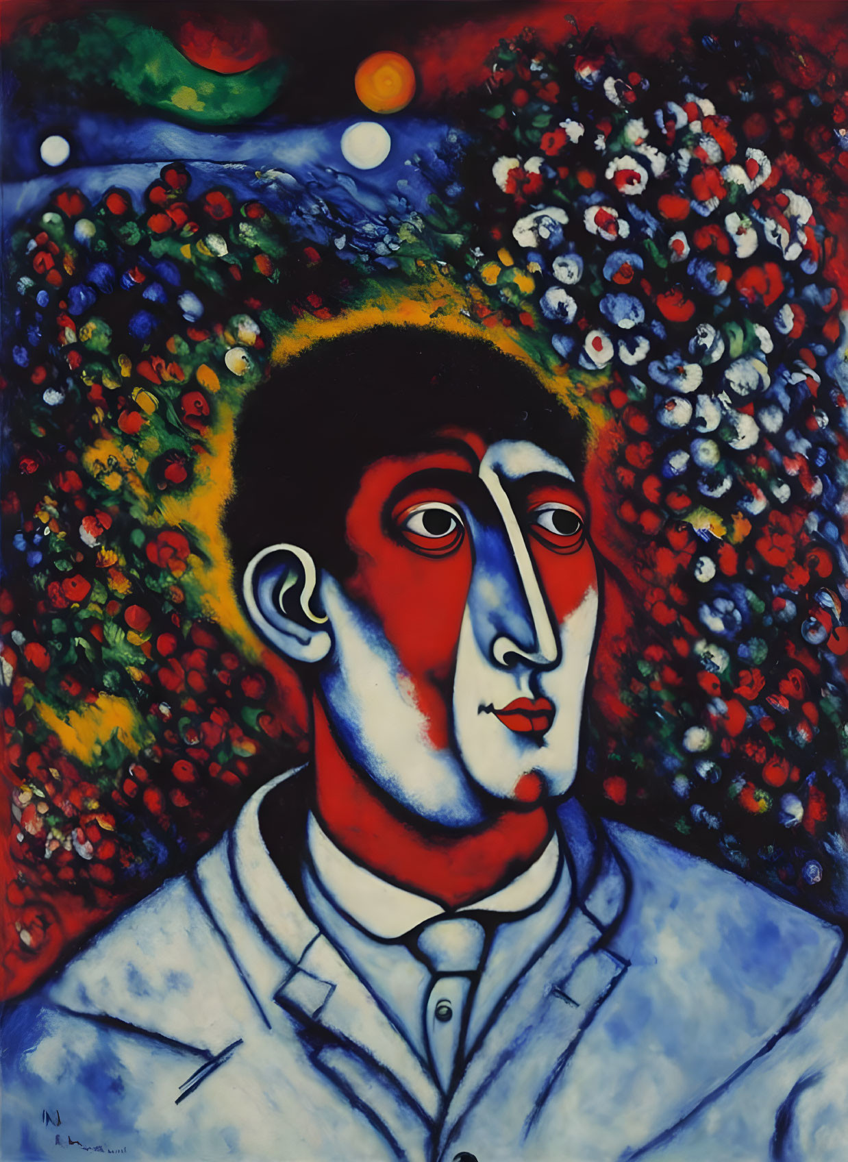 Vibrant expressionist painting of a split-faced male figure in floral setting