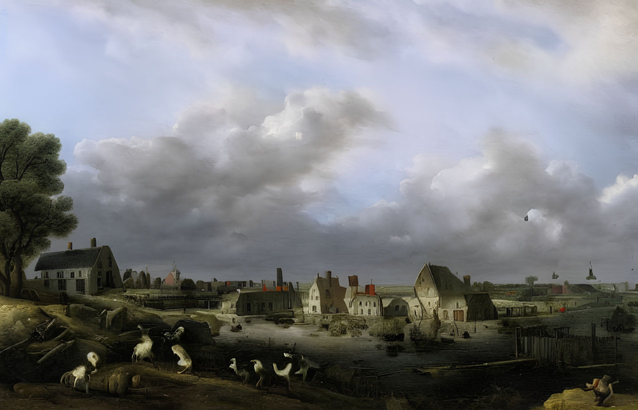 17th-Century Dutch Landscape Painting with Village, Windmill, and Villagers