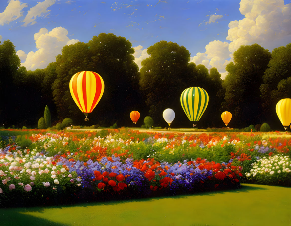 Vibrant hot air balloons over colorful flower field