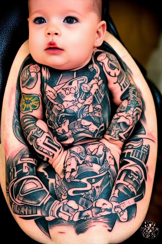 Baby with clear eyes held in sleeve of vivid tattoo designs