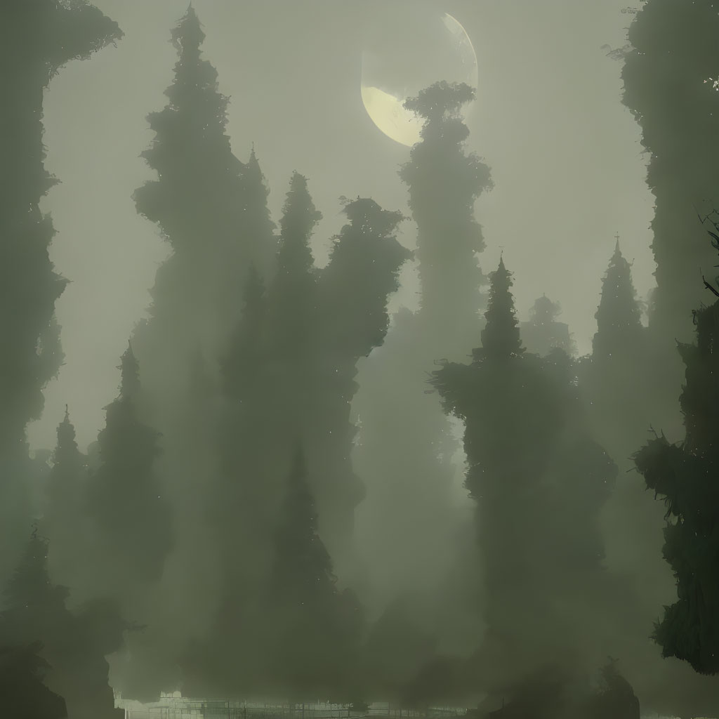 Misty forest night scene with tall tree silhouettes & crescent moon.