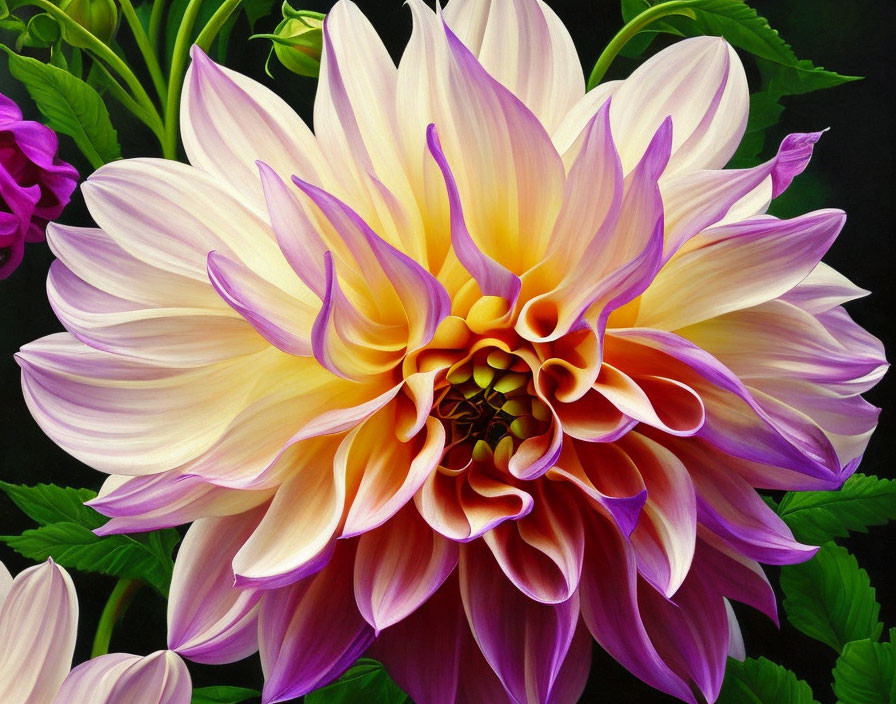 Detailed Close-Up of Vibrant Pink and Yellow Dahlia on Dark Background