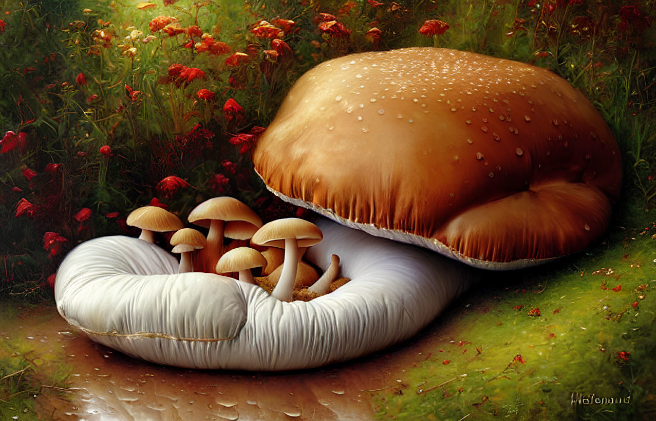 Realistic digital artwork of mushrooms in lush environment