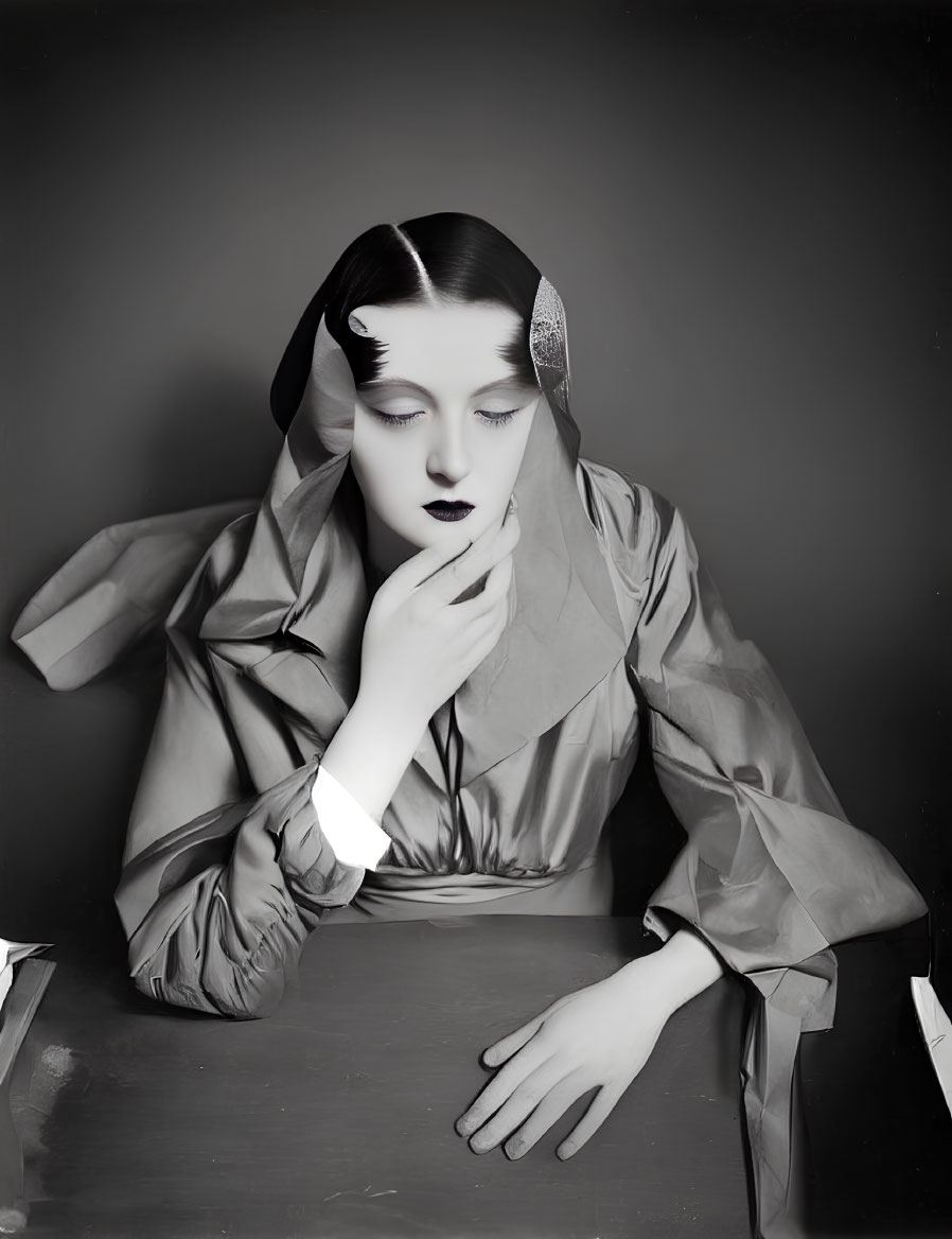 Monochrome photo of pensive woman in vintage headscarf and coat