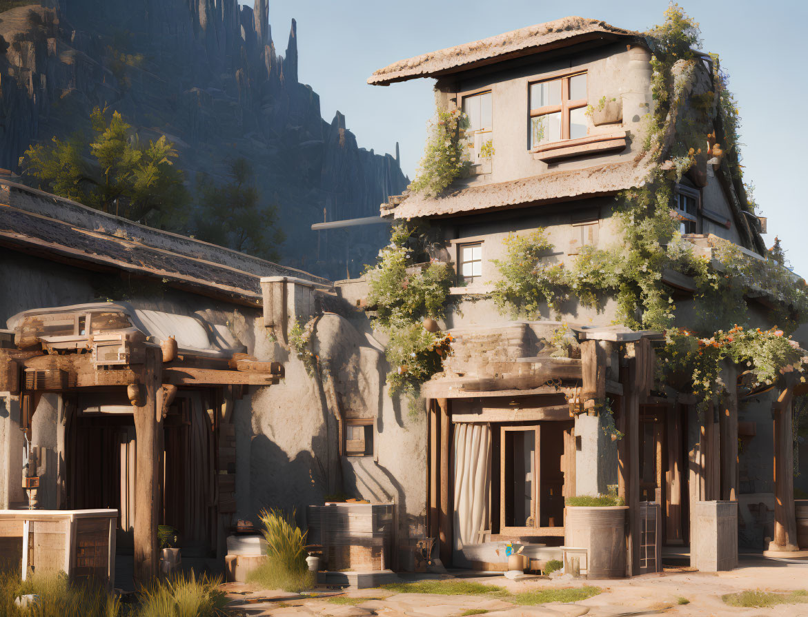 Sunlit scene of quaint stone house with thatched roof and green vines against rocky hillside