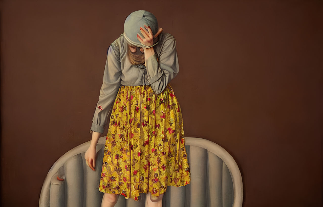 Distressed person in grey hat and floral skirt against brown background