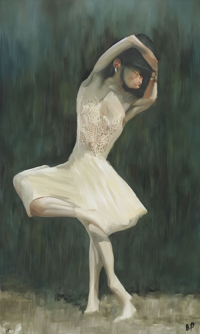 Impressionistic painting of ballerina in white against green backdrop