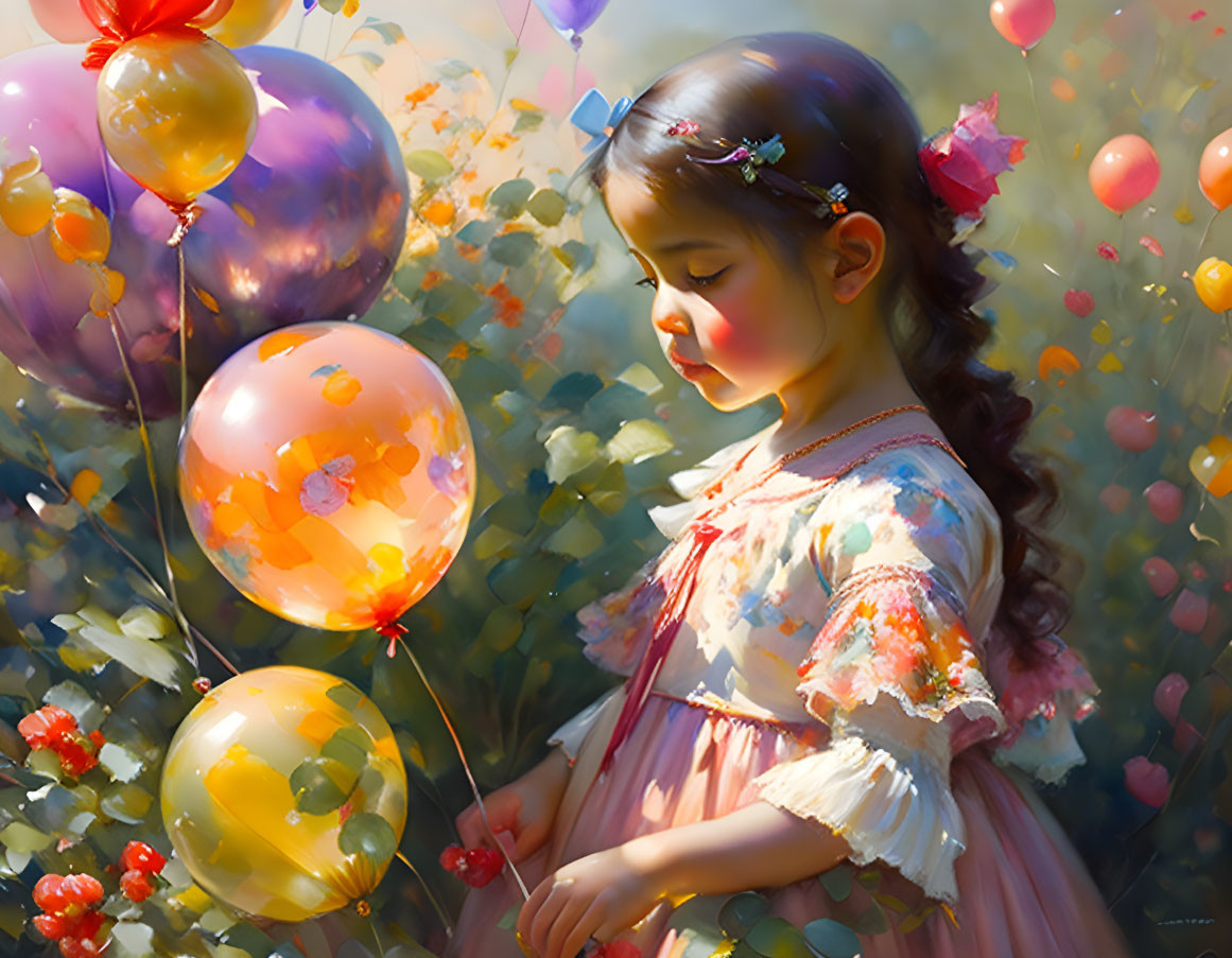 Young girl in vintage dress with colorful balloons in dreamy floral setting