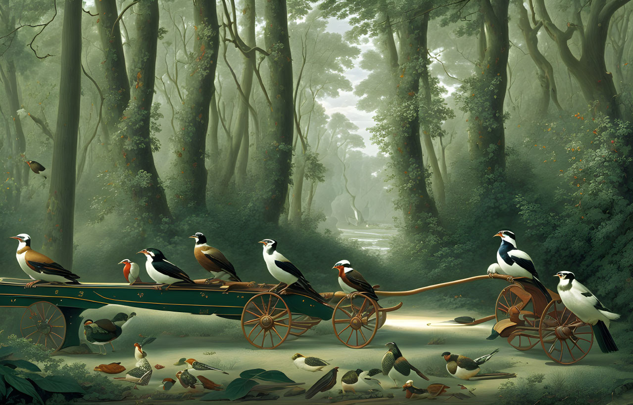 Birds perched on wooden cart in misty forest