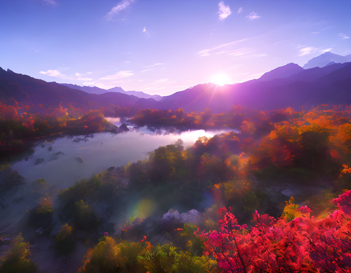 Tranquil Sunrise Landscape with Misty River and Autumn Foliage