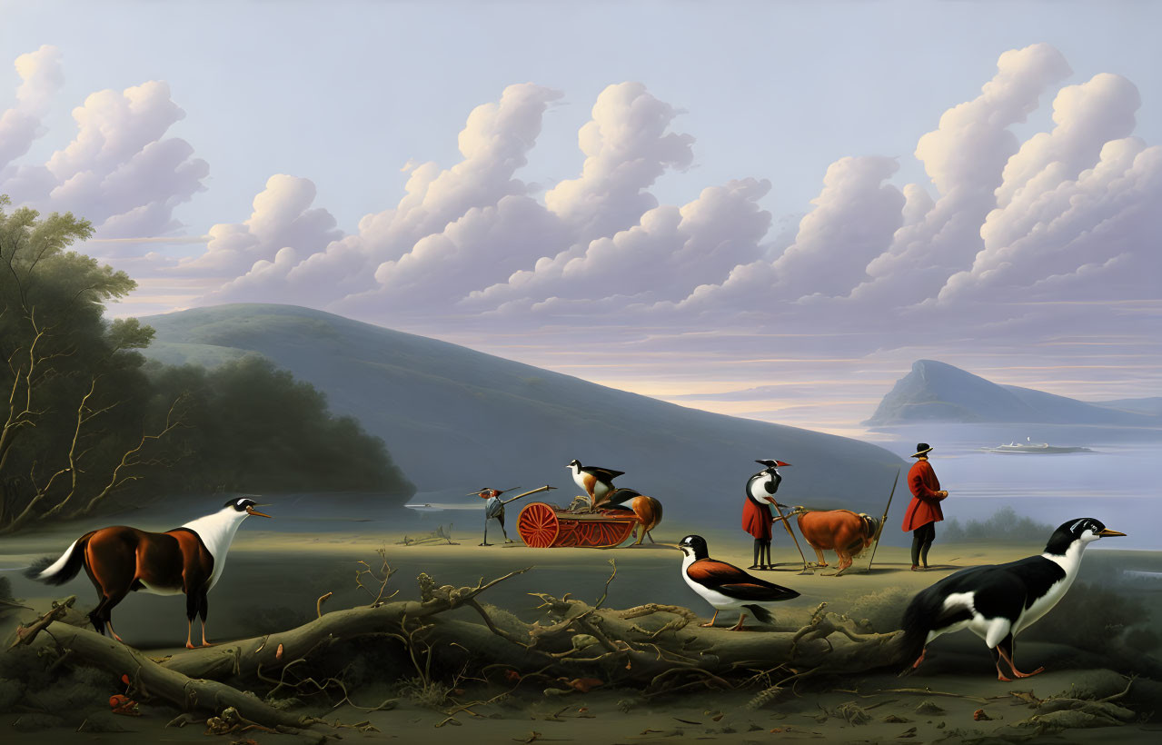 Tranquil riverside scene with large stylized birds and person by rolling hills