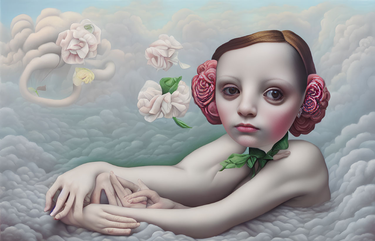 Child portrait with oversized eyes in dreamy sky with floral clouds