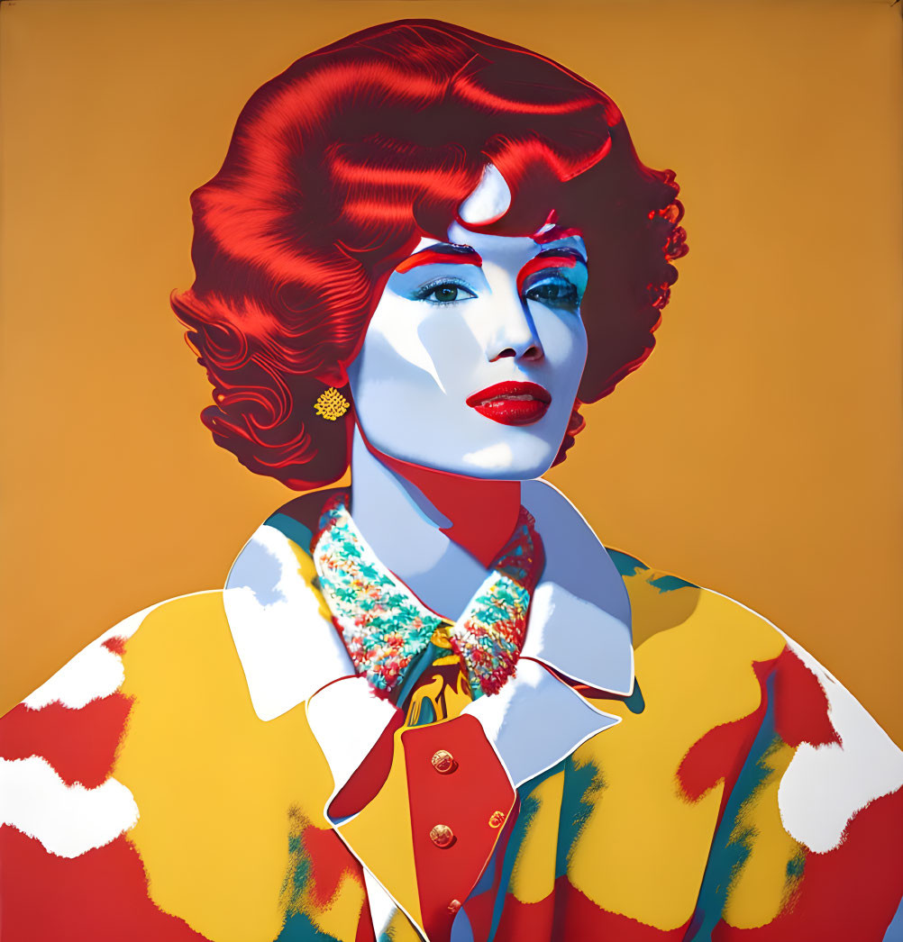 Colorful Pop Art Portrait of Woman with Red Hair and Blue Skin