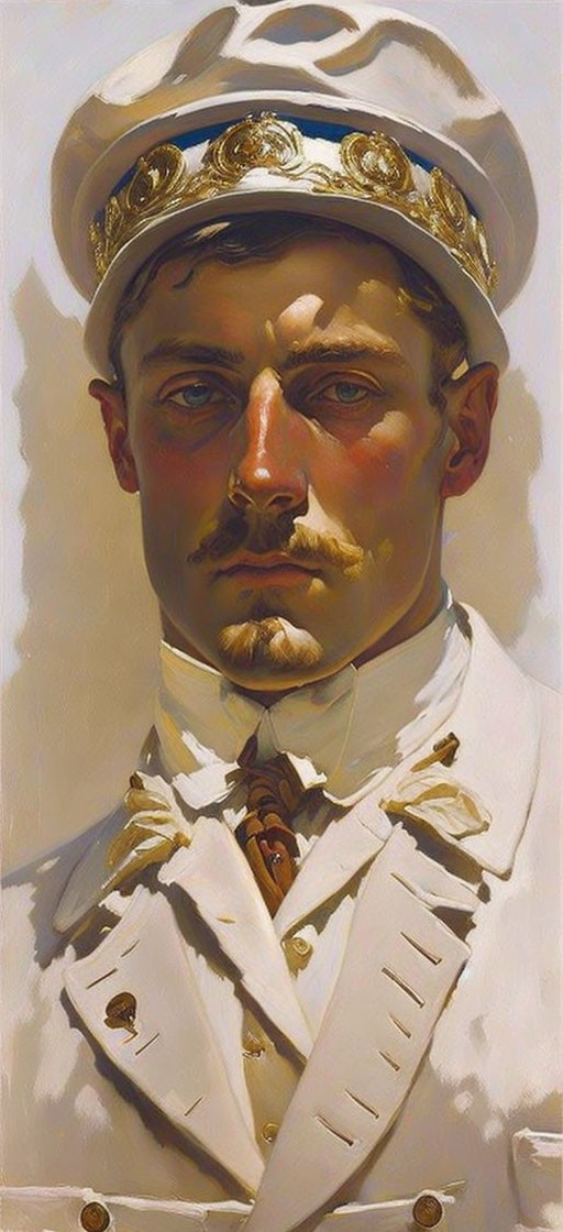 Man in White Naval Uniform with Gold Accents and Mustache