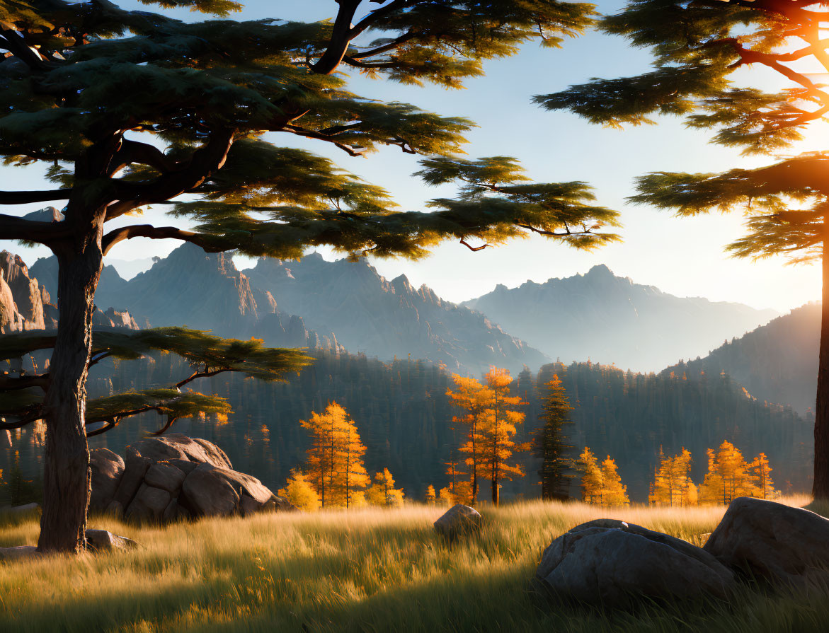 Serene forest scene with autumn trees and mountain backdrop