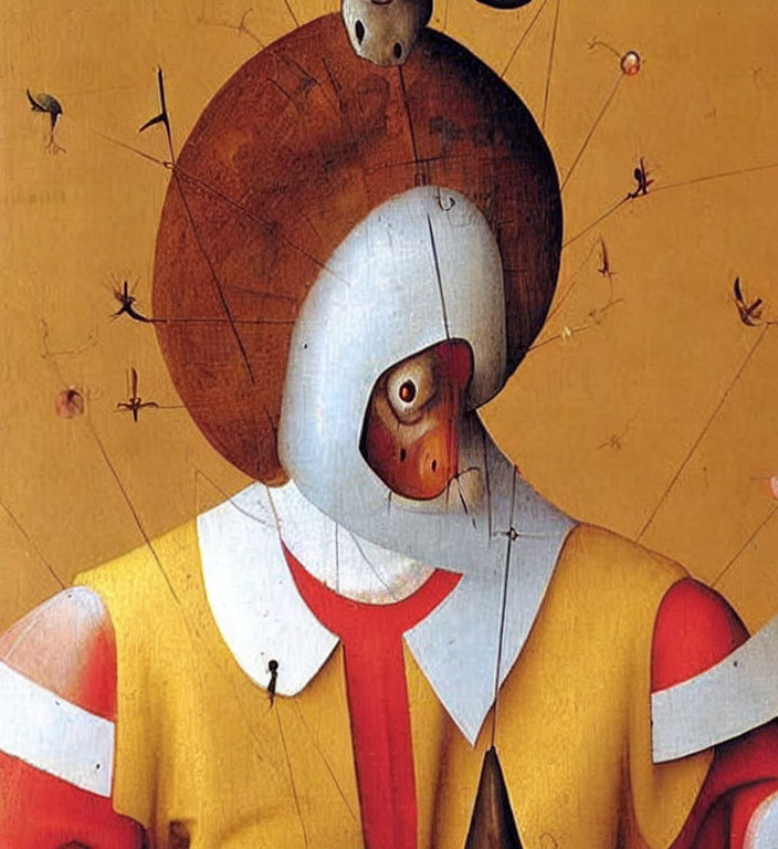 Surreal artwork featuring person with inverted cone face, arrow-like features, vibrant red and yellow clothing