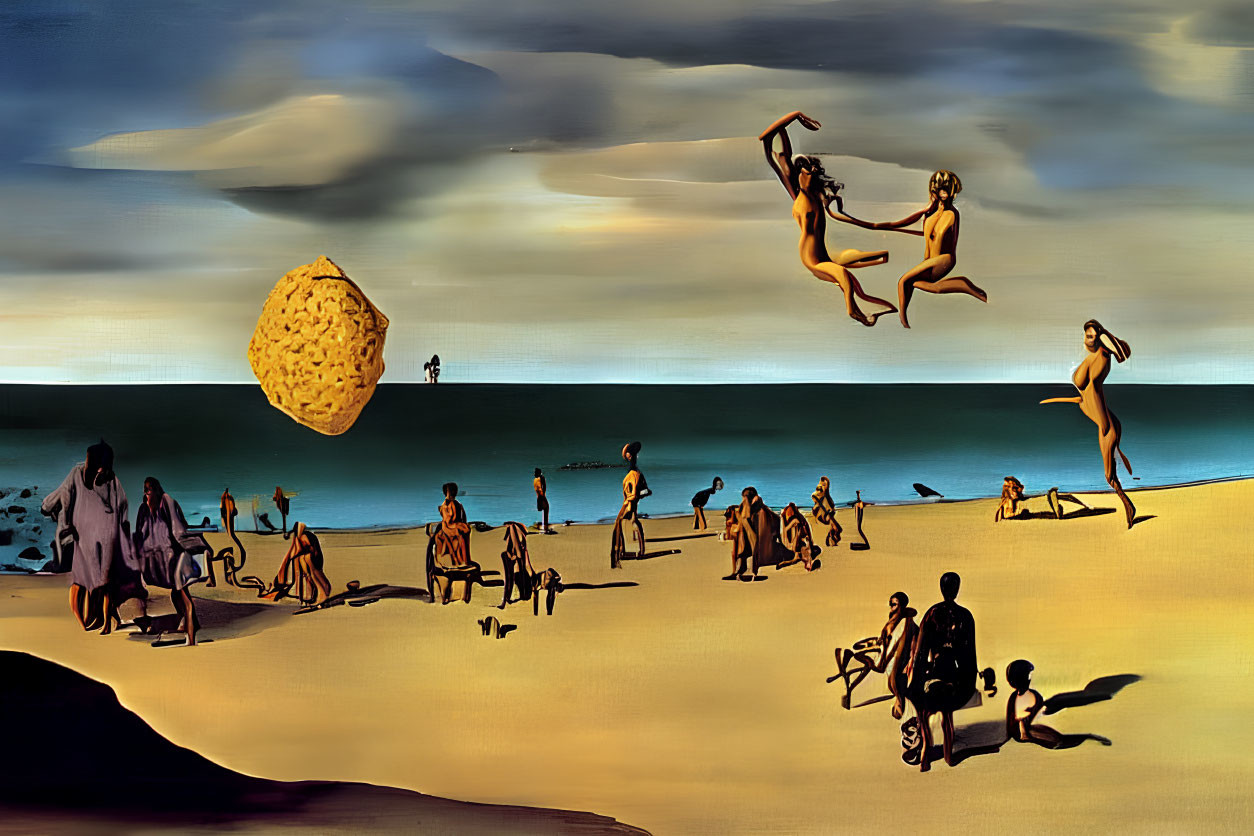 Surreal beach scene with oversized object and distorted scale