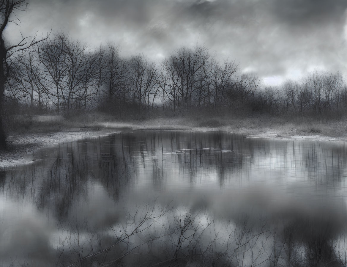 Monochrome landscape with reflective pond and bare trees under ominous clouds