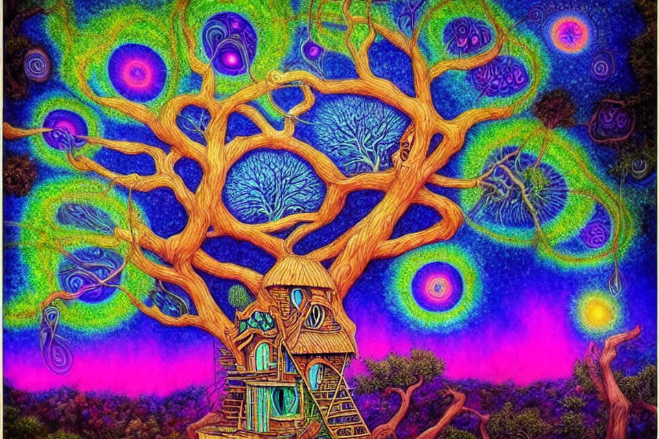 Colorful psychedelic tree illustration with whimsical treehouse and swirling patterns.