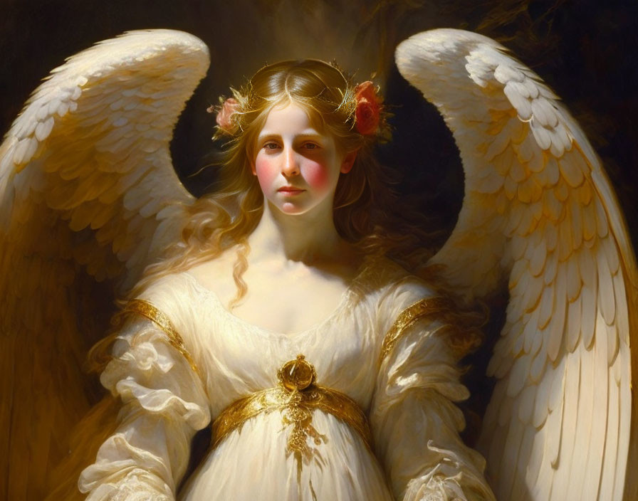 Serene angelic figure with white wings and golden robe in ethereal glow