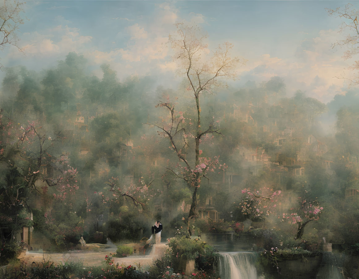 Misty landscape painting with waterfall, trees, and ethereal houses