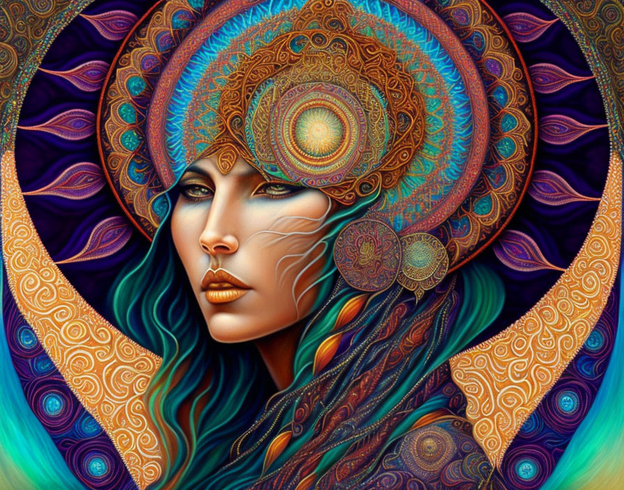 Vibrant digital artwork: Woman with blue hair in mandala frame, rich blue, orange,