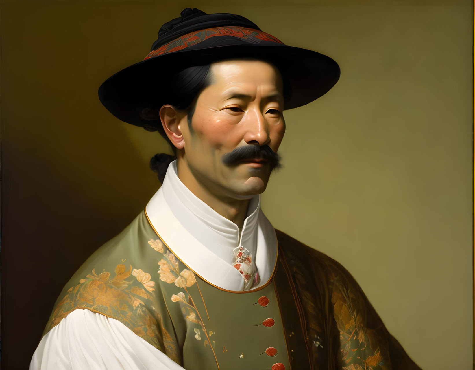 Man in Historical East Asian Attire with Decorated Hat and Embroidered Robe