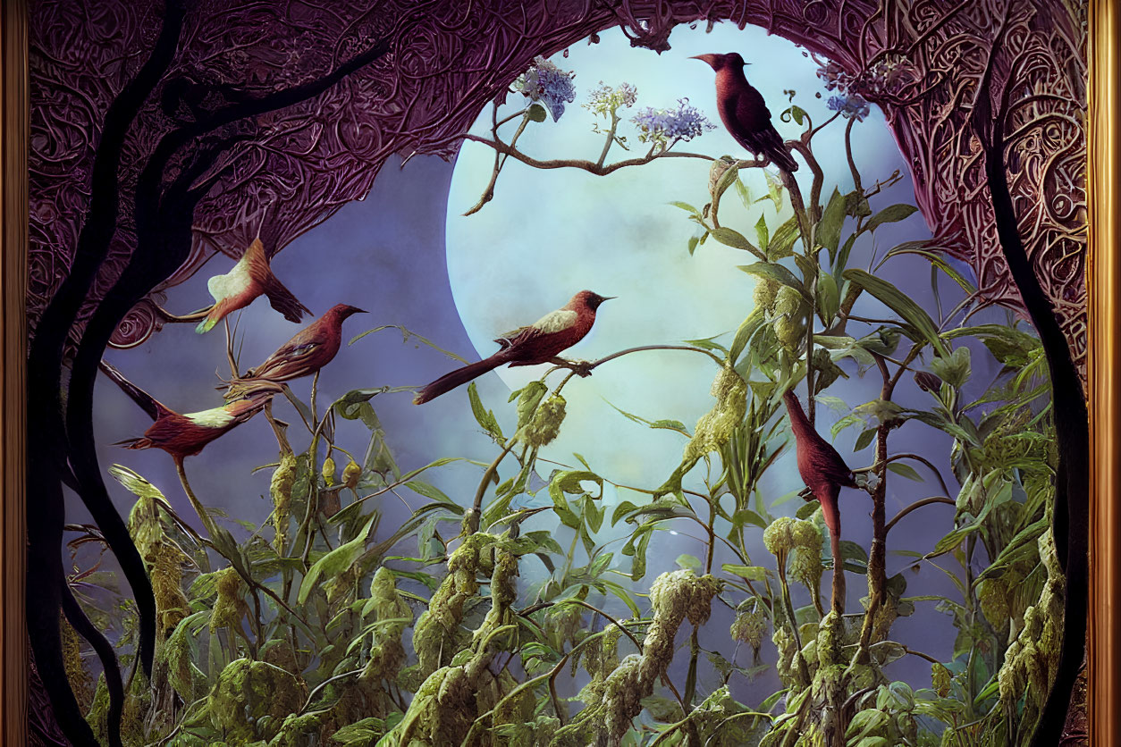 Framed artwork of red birds in flight among green foliage under full moon